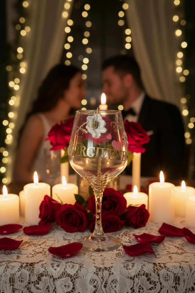 Decorative wine glass with floral designs and text on a dark surface