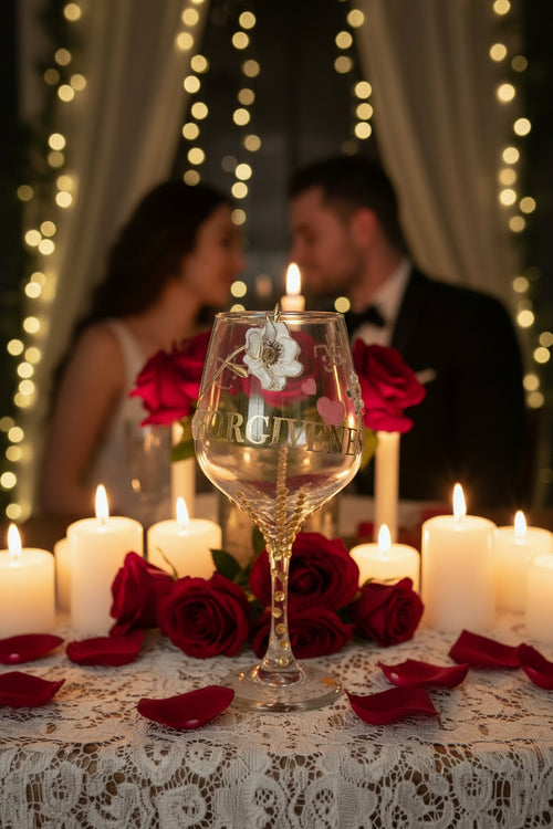 Decorative wine glass with floral designs and text on a dark surface